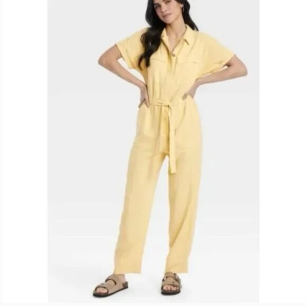 Yellow Women's short sleeve linen boilersuit Jumpsuit - universal thread size 10